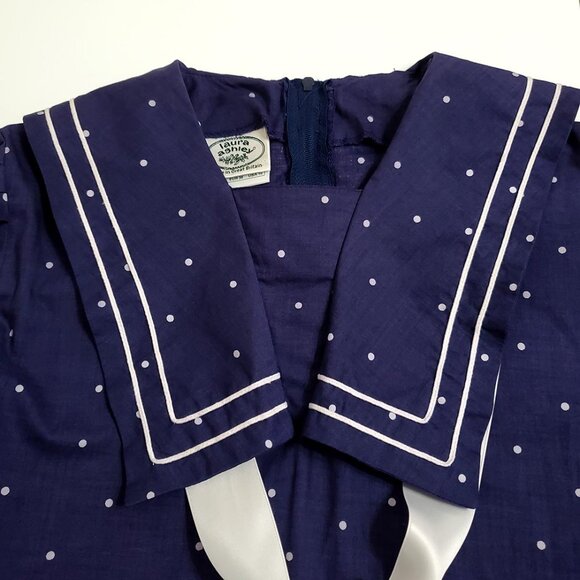 Laura Ashley Vintage 80's Midi Sailor Dress 10 Navy Polka Dot Short Sleeve - Picture 4 of 13